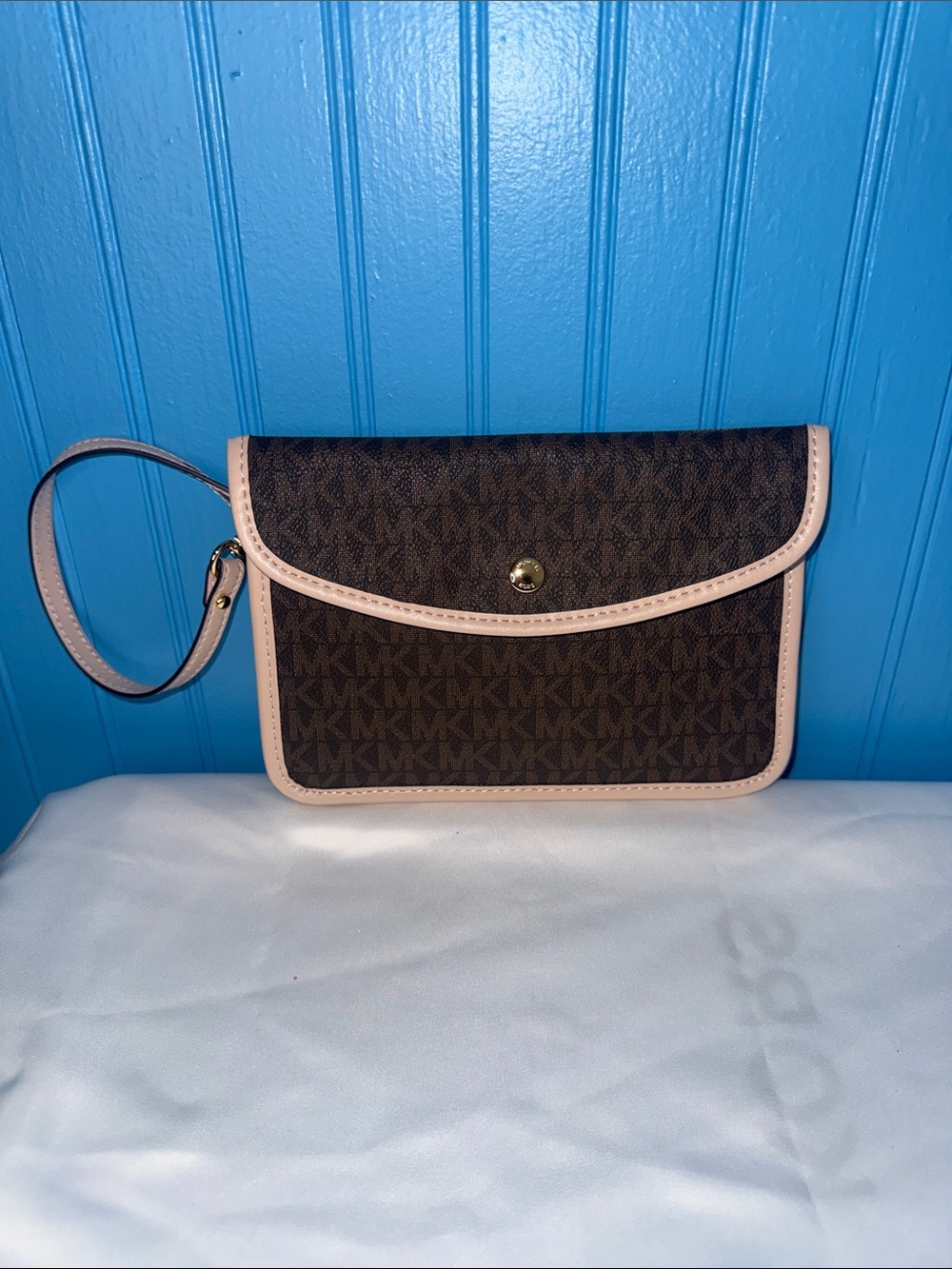 Michael Kors Brown Monogram Wristlet with Light Tan Trim
